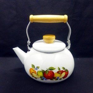 Nice vintage metal enamelware apple teapot fruits tea kettle enamel cottagecore